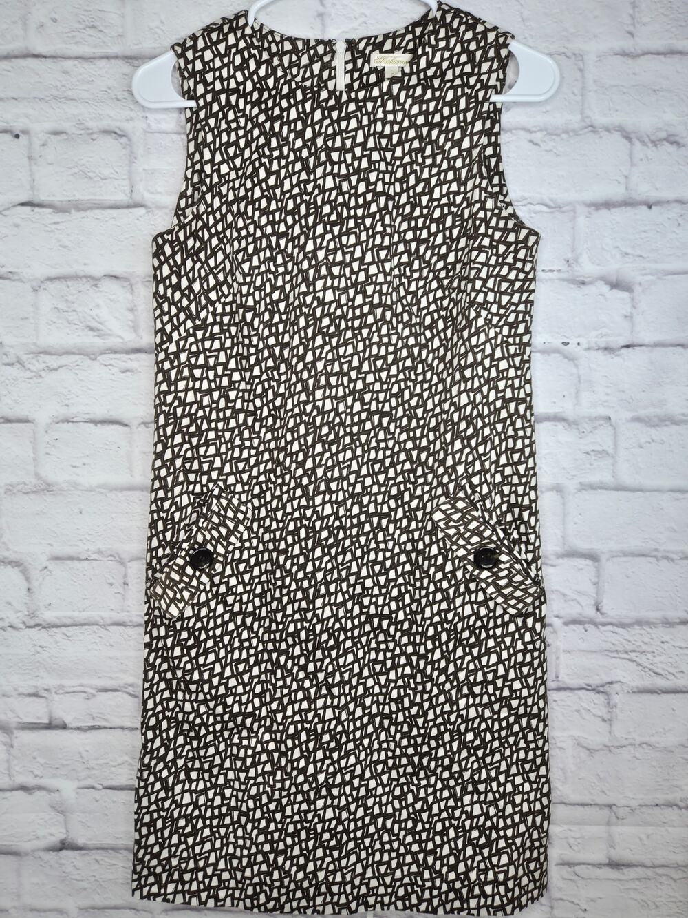 Shoshanna Geometric Shift Dress 8 Brown Cream Mod Retro Workwear Sleeveless